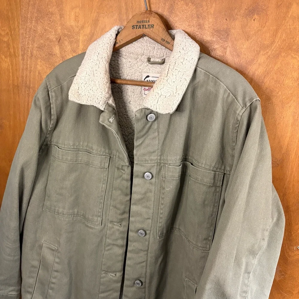 Stoosh Vintage Denim Olive Green Sherpa Lined Chore Jacket Barn Coat XL Utility